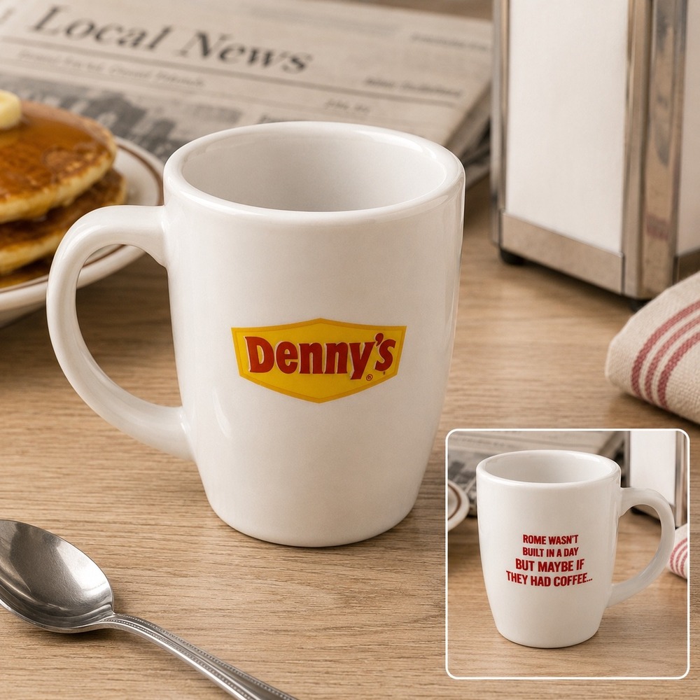 Denny's Oneida Coffee Mug Rome Wasn't Built In A Day White‎ Ceramic Diner Cup